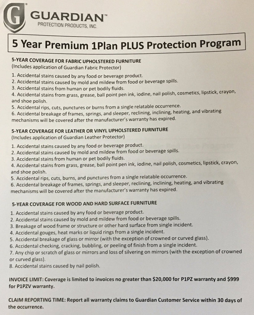 GUARDIAN FABRIC, LEATHER, & WOOD PROTECTION PLANS (Multiple Items)